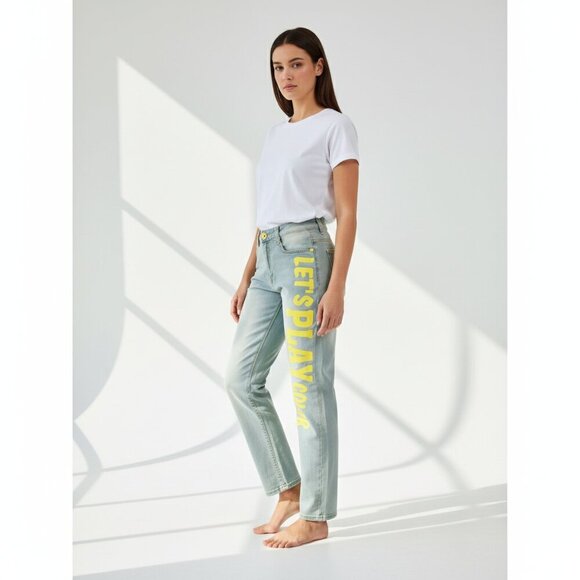 NWT LalaBobo Let's Play Color Mid Rise Straight Leg Jeans Blue Yellow Women 10 - Picture 1 of 12